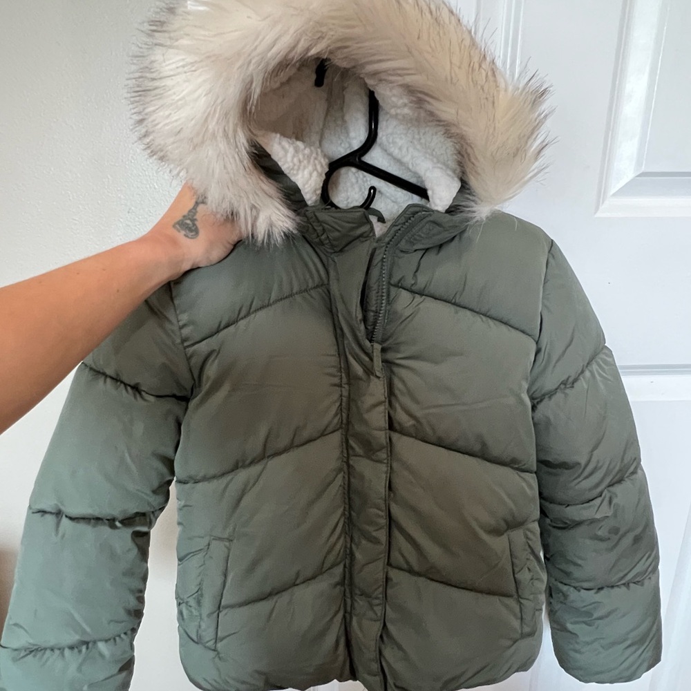 The Children's Place Green Puffer Jacket with Faux Fur Hood